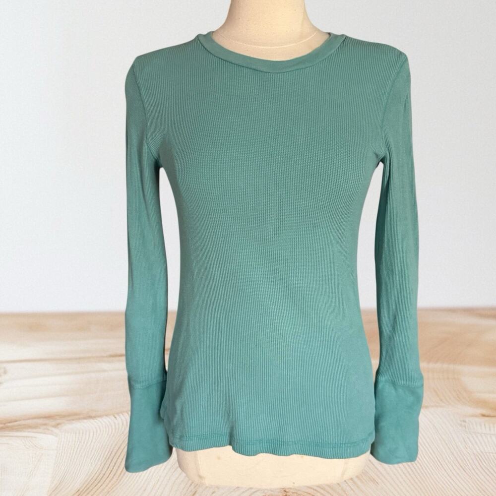 Sundance Thermal Waffle Long Sleeve Top Sz M Velvet Buttoned Cuffs Turquoise